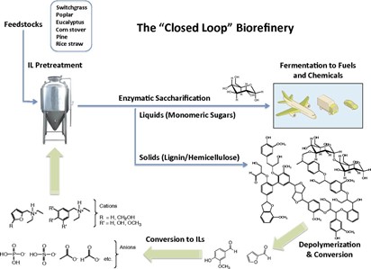 Closed-loop bio-refinery using Ionic fluids derived from lignocellulosic biomass.